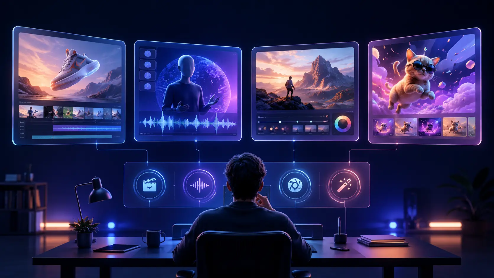 AI creator comparing four AI video generation workflows for automation, voice, cinematic control, and creative effects